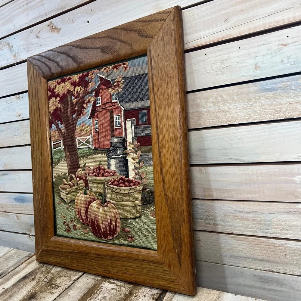 Vintage Harvest Woven Tapestry Framed Farm Barn Autumn Fall Decor CottageCore